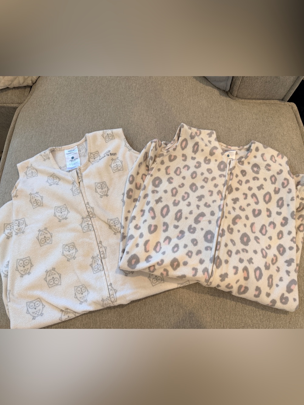 Two Large 12-18 mth Halo Sleep Sack leopard and owl prints